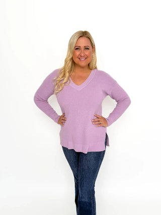 Lavender Waffle V Neck Sweater - SLS Wares