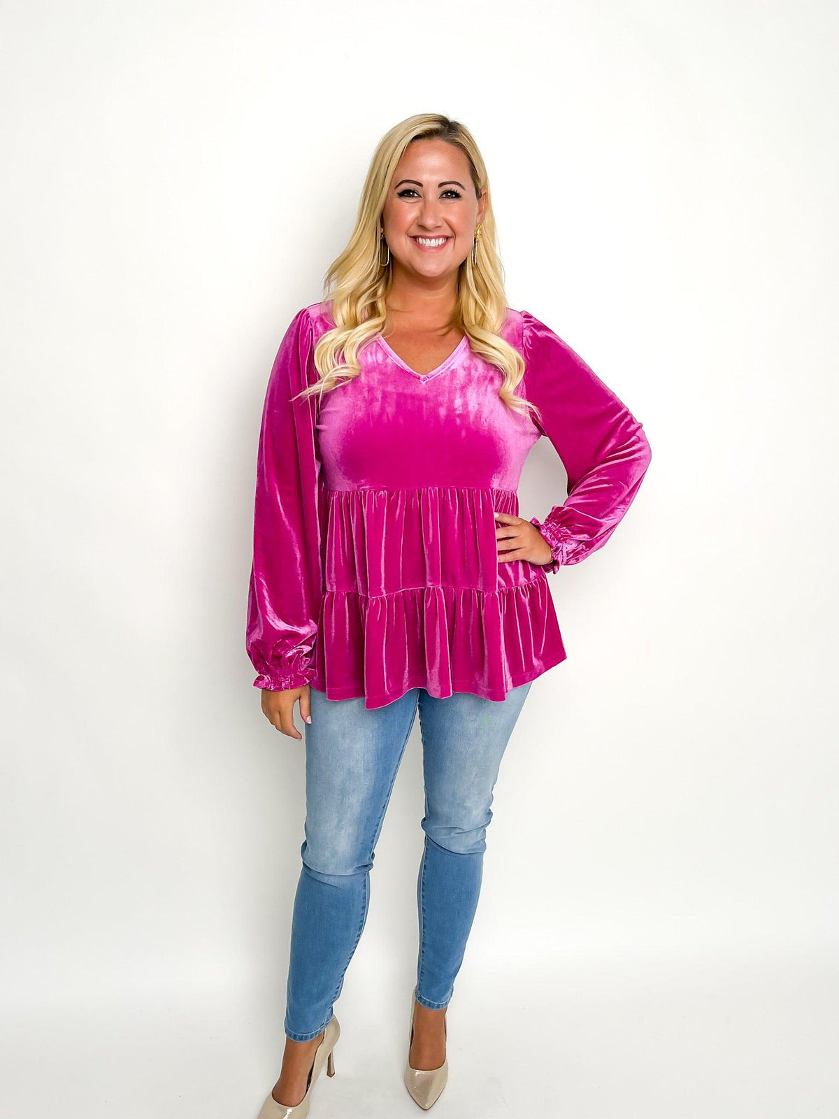 Magenta Velvet Long Sleeve Tiered Top - SLS Wares