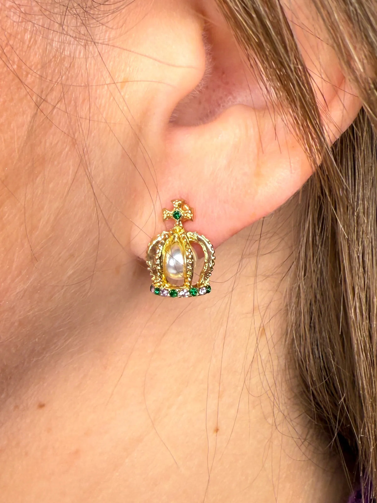 Mardi Gras Pearl Crown Stud Earrings - SLS Wares