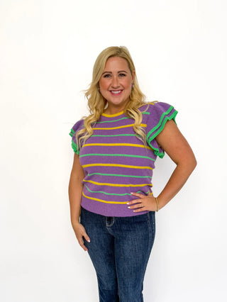 Mardi Gras Striped Ruffle Sleeve Top - SLS Wares