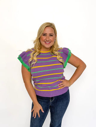 Mardi Gras Striped Ruffle Sleeve Top - SLS Wares