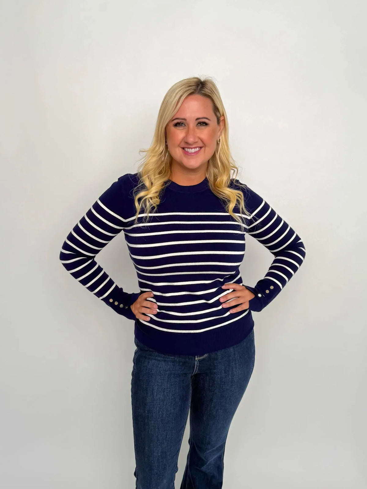 Navy & White Striped Button Cuff Sweater - SLS Wares