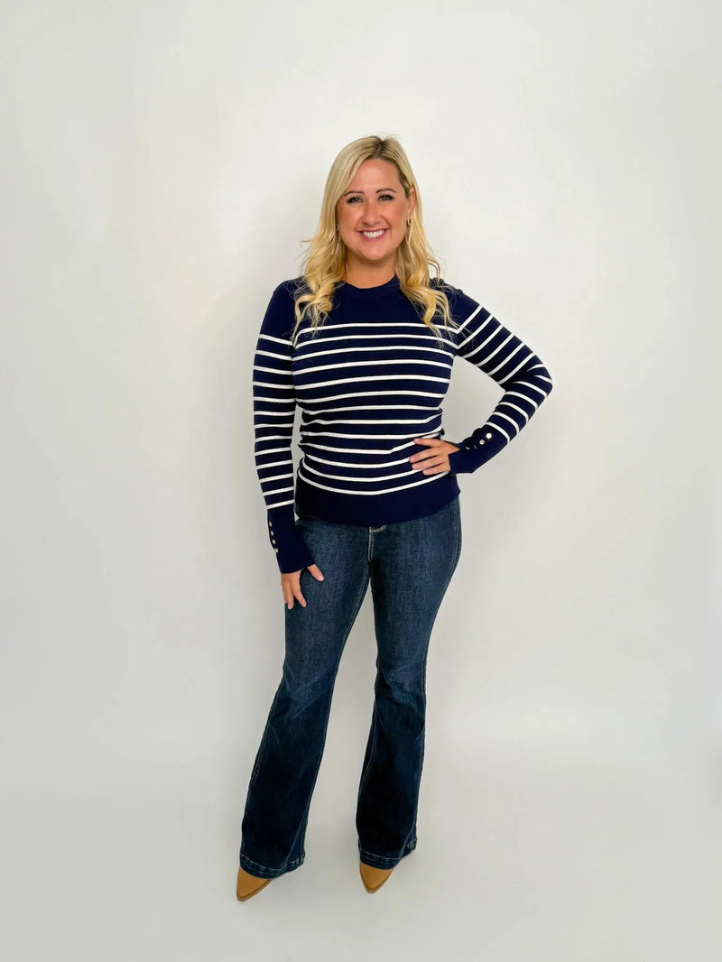 Navy & White Striped Button Cuff Sweater - SLS Wares