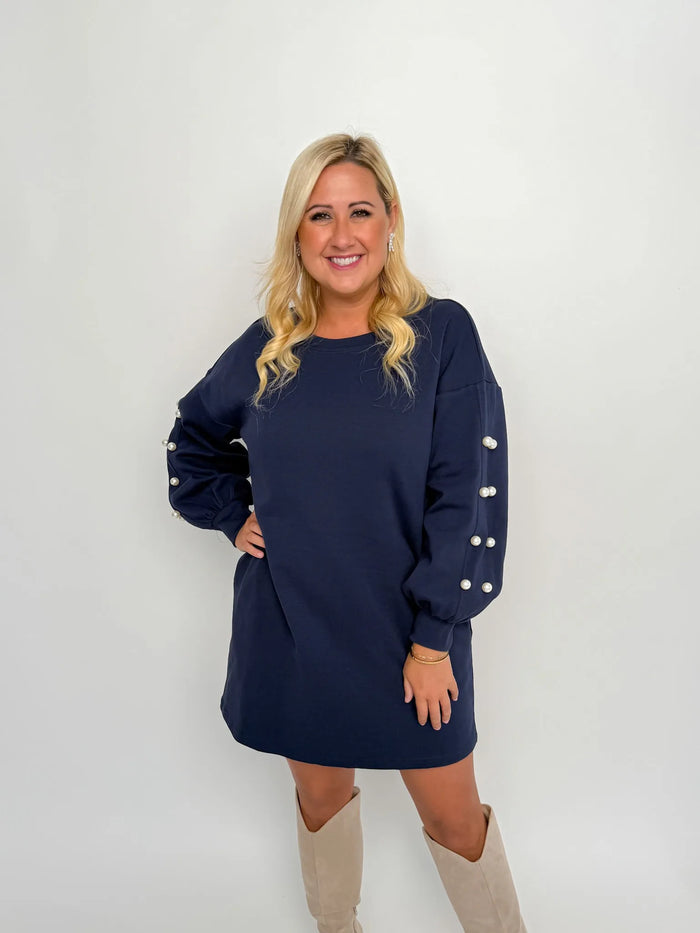 Navy Pearl Sleeve Sweater Dress - SLS Wares