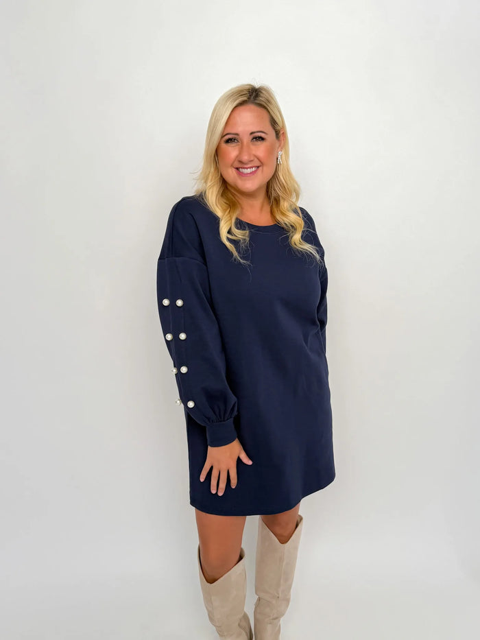 Navy Pearl Sleeve Sweater Dress - SLS Wares