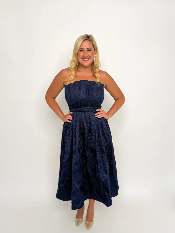 Navy Strapless Floral Midi Dress - SLS Wares