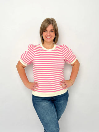 Pink & White Striped Puff Sleeve Top - SLS Wares