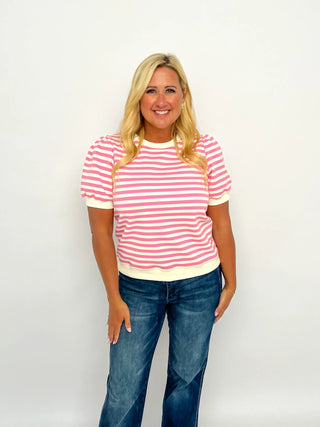 Pink & White Striped Puff Sleeve Top - SLS Wares