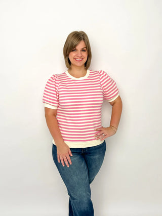 Pink & White Striped Puff Sleeve Top - SLS Wares