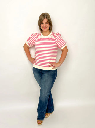 Pink & White Striped Puff Sleeve Top - SLS Wares