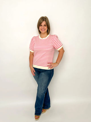 Pink & White Striped Puff Sleeve Top - SLS Wares