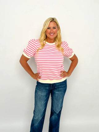 Pink & White Striped Puff Sleeve Top - SLS Wares