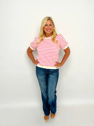 Pink & White Striped Puff Sleeve Top - SLS Wares