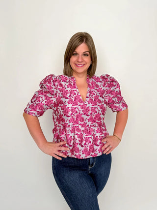 Pink Floral Jacquard Peplum Top - SLS Wares