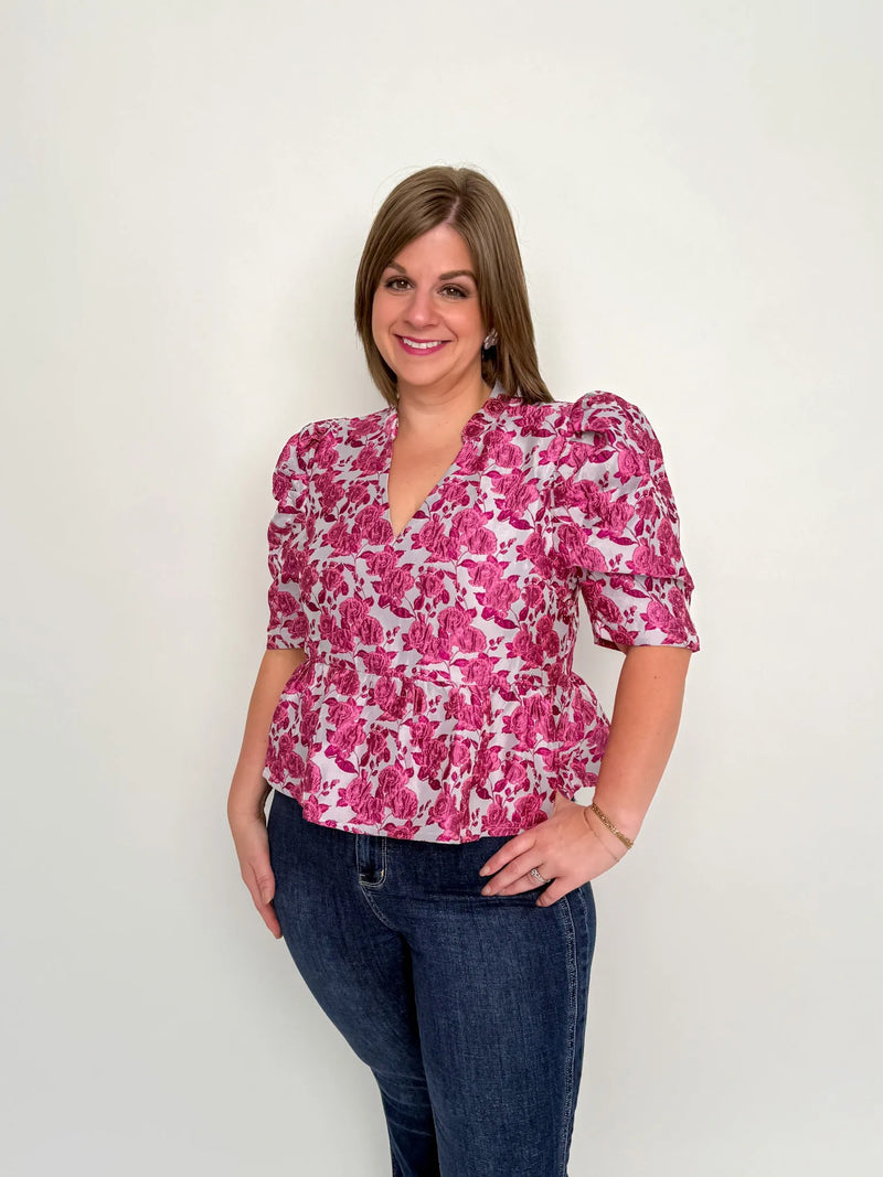 Pink Floral Jacquard Peplum Top - SLS Wares