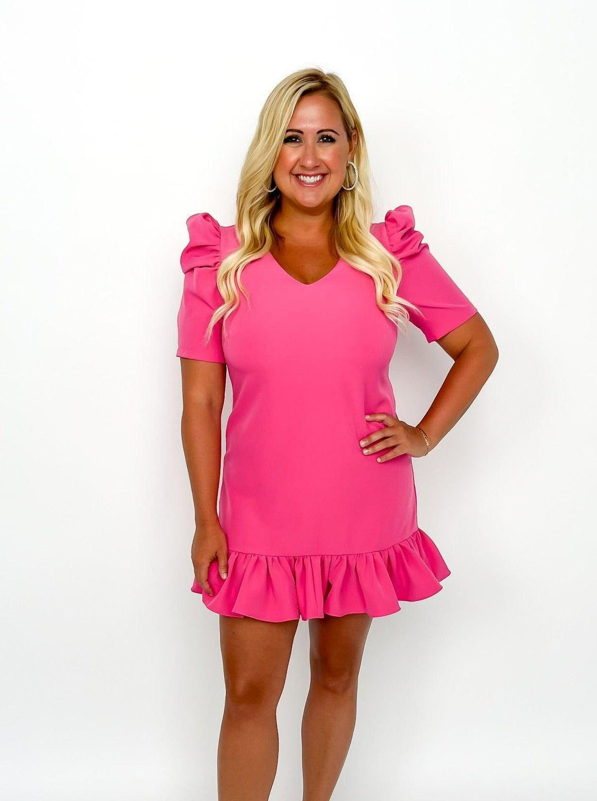 Pink Puff Sleeve Ruffle Dress - SLS Wares