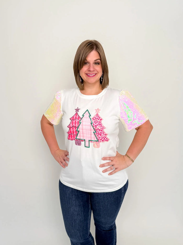 Pink Trees Short Sparkle Sleeve Top - SLS Wares