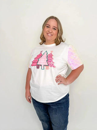 Pink Trees Short Sparkle Sleeve Top - SLS Wares