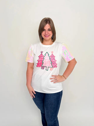 Pink Trees Short Sparkle Sleeve Top - SLS Wares