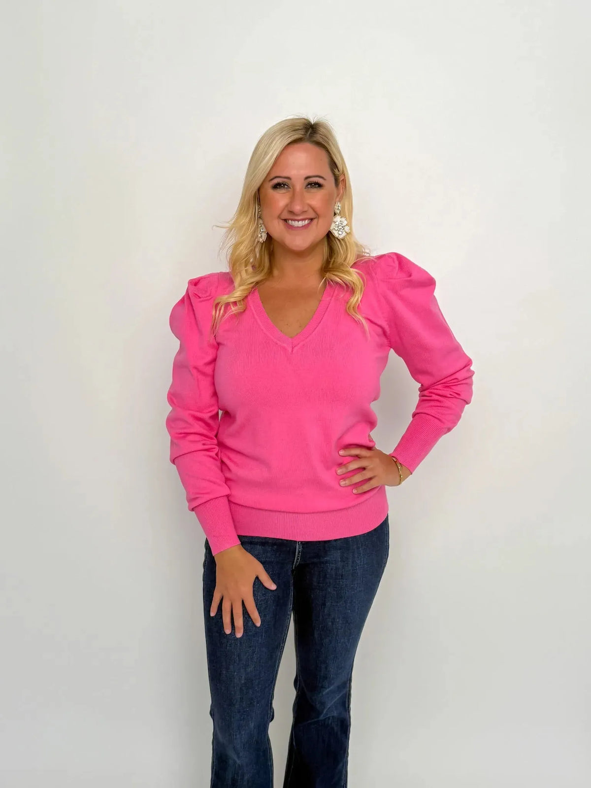 Pink V Neck Puff Sleeve Sweater - SLS Wares