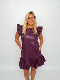 Plum Faux Leather Ruffle Sleeve Dress - SLS Wares