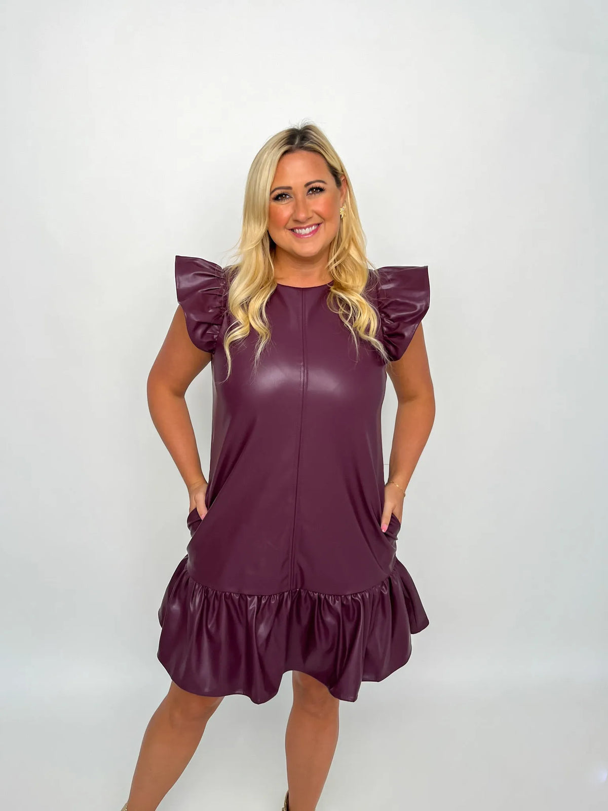 Plum Faux Leather Ruffle Sleeve Dress - SLS Wares