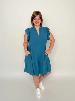 Teal Ruffle Sleeve Tiered Dress - SLS Wares