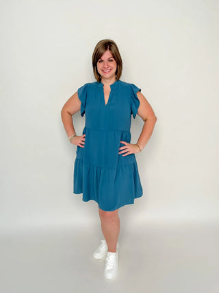 Teal Ruffle Sleeve Tiered Dress - SLS Wares