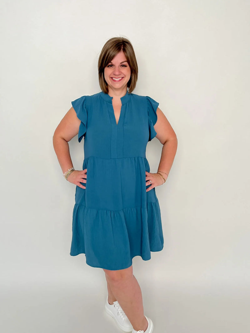 Teal Ruffle Sleeve Tiered Dress - SLS Wares