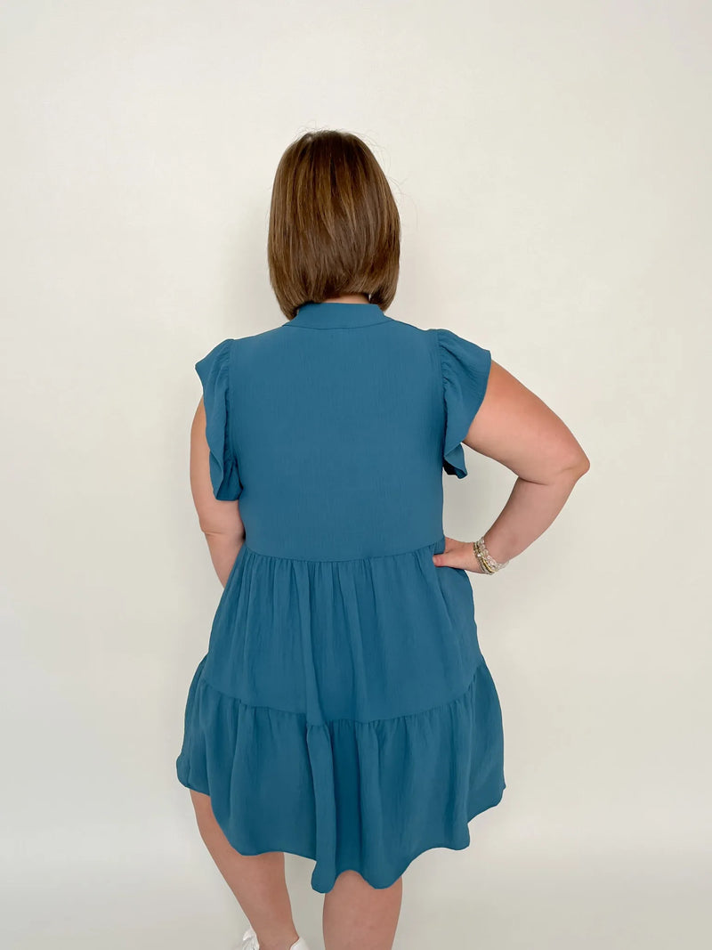 Teal Ruffle Sleeve Tiered Dress - SLS Wares