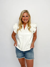 White Ruffle Faux Leather Top - SLS Wares